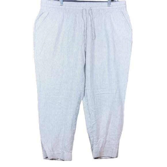 Anne Klein Womens Pants White Gray Striped Drawstring Capris Crop Linen Blend L - Picture 1 of 11